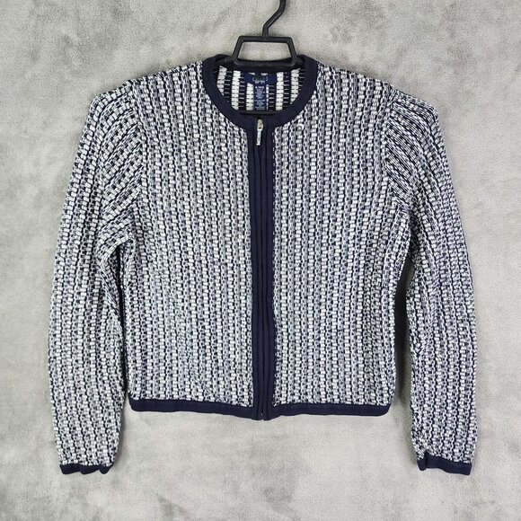 Womens Navy & White Chaps Textured Knit Sweater Jacket Full Zip Long Sleeve XL - Picture 2 of 7